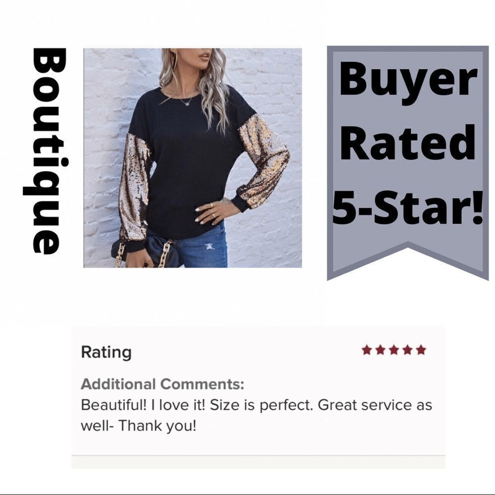 5 🌟 Rated Waffle Shirt with Gold Sequined Sleeves, Rounded Hem